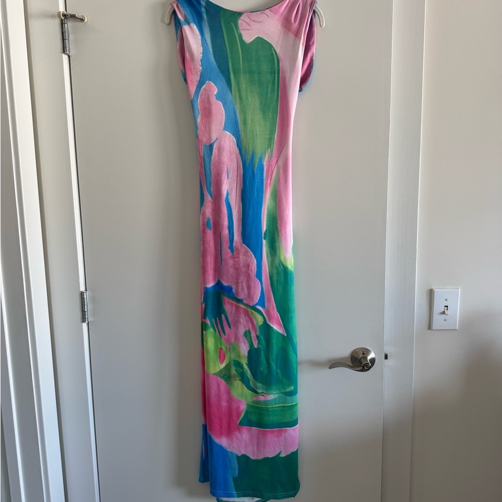 Commense Vibrant Backless Dress in Pink and Green